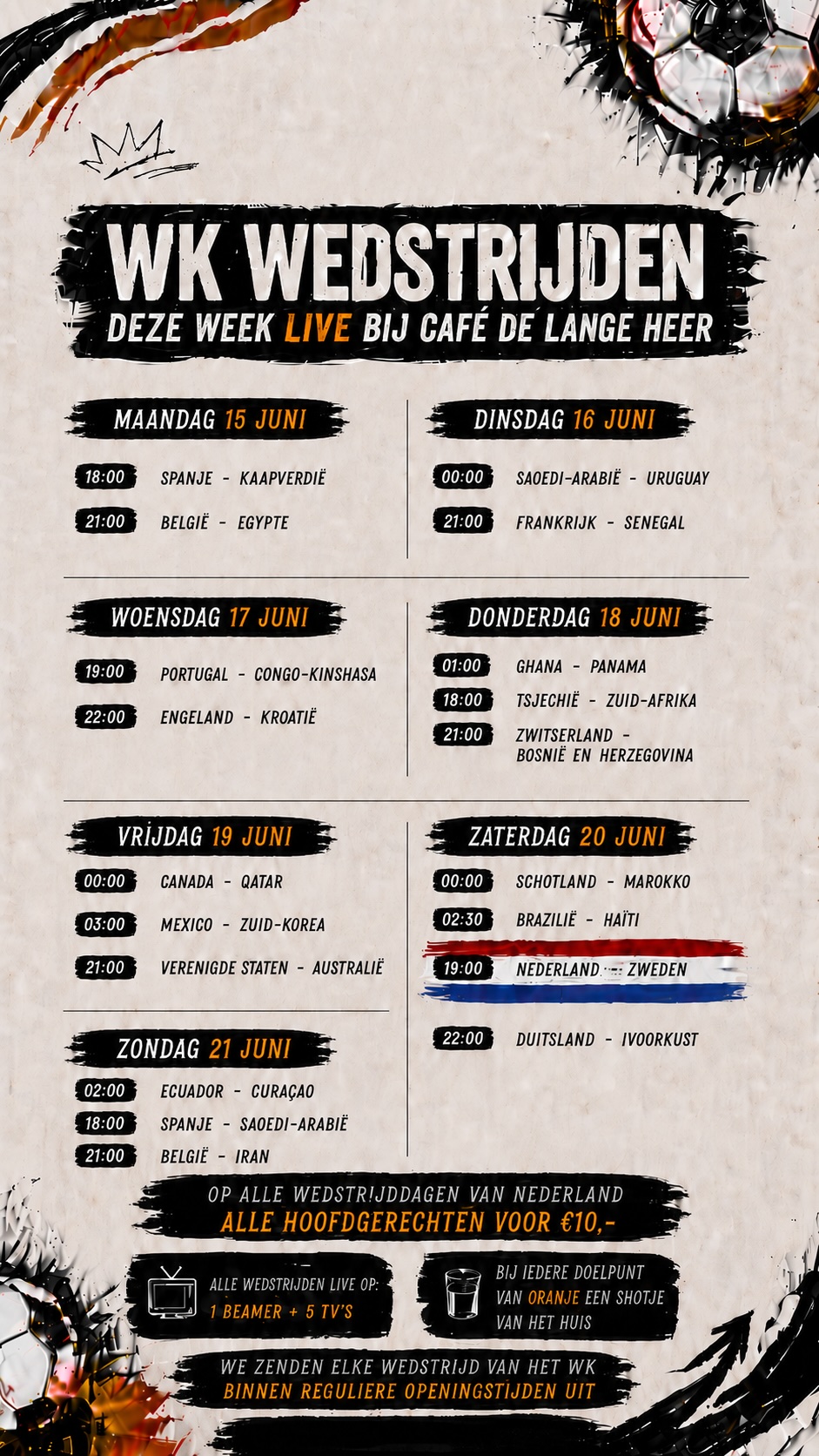De WK-wedstrijden van deze week live bij Café de Lange Heer in Haarlem