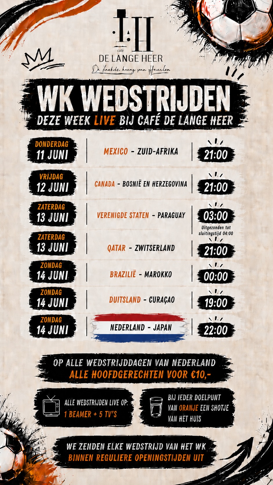 De komende WK-wedstrijden bij Café de Lange Heer in Haarlem